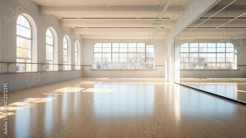 Large gym with windows for ballet classes. photo