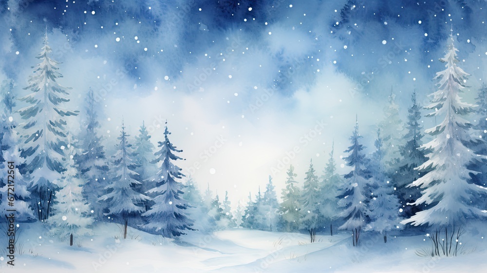 Fototapeta premium Green, blue spruce forest. Imitation of watercolor. Trees in the fog. Snow is falling