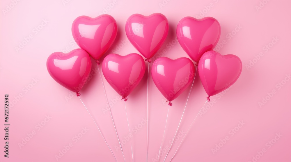 Flying pink air balloon in the shape of a heart on a pink background.
