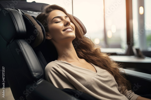 A relaxed woman is sitting in a massage chair with her eyes closed, hypnosis session