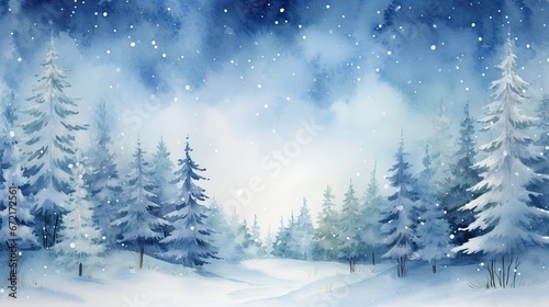 Green, blue spruce forest. Imitation of watercolor. Trees in the fog. Snow is falling