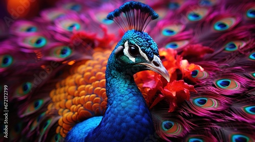 Close-up of a beautiful peacock. Intense colors. Generative AI