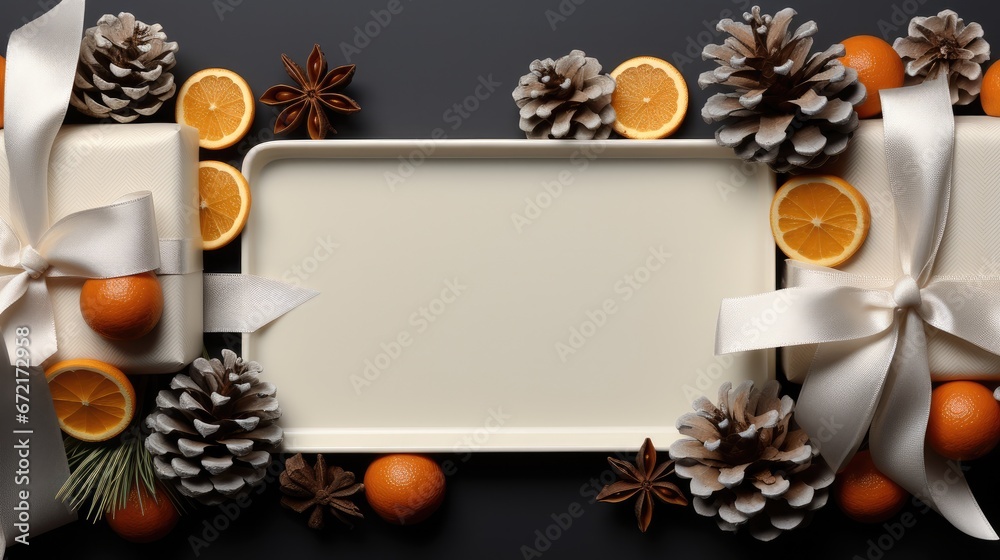White frame Christmas background, New Years decor with two gift box, for branches, pine cones and slices of dry orange. White frame Christmas background, New Years decor with two gift box, for branches, pine cones and slices of dry orange.