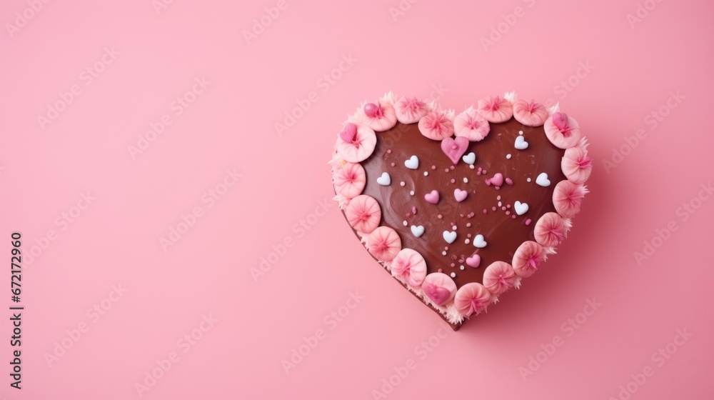 Pink heart shape cake on pink marble background. Valentine day.