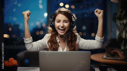 Happy woman wearing call center agent headset at the office screaming proud, Celebrating victory and success very excited with raised arms.