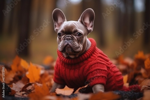 A French bulldog dog in a sweater sits in an autumn forest © Julia Jones
