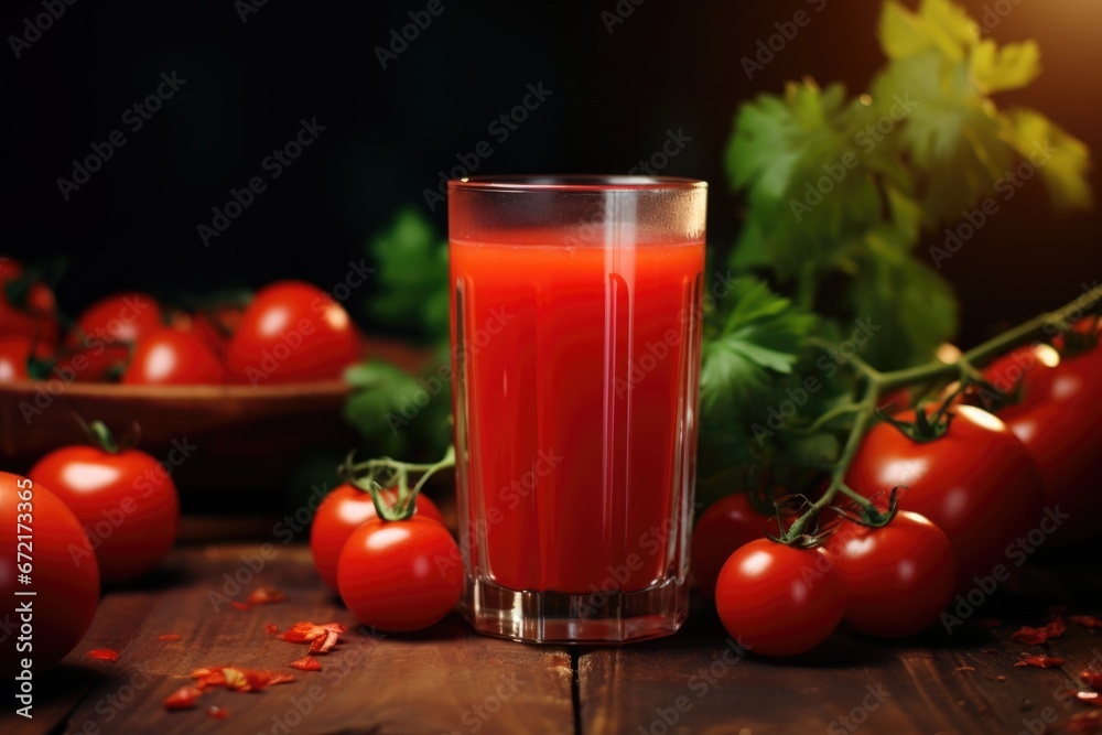 A glass of tomato juice is on the table A glass of tomato juice is on the table