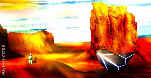 realistic drawing of a space scene where an astronaut arrives on a spaceship to the grave