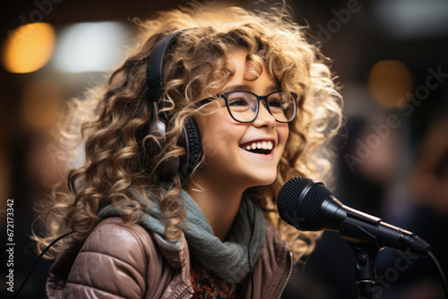 A happy girl in glasses with headphones sings into a microphone