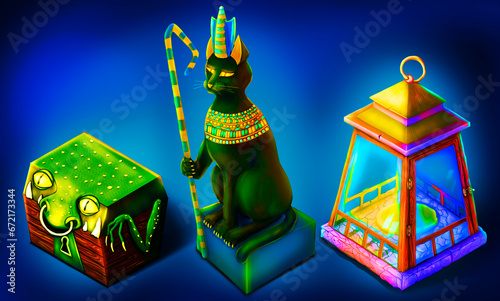 Objects and objects pharaoh cat, monster chest, ancient candlestick for computer and mobile game