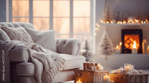 A cozy white room decorated with Christmas decorations. Generative AI