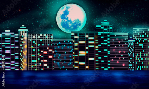 Night metropolis on the riverbank with a glowing moon