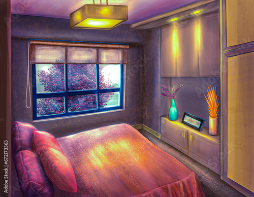 realistic drawing of a room in perspective with a bed and a wardrobe and glowing lamps, a tree outside the window