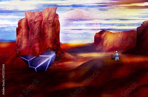 realistic drawing of a space landscape where an astronaut arrives on a spaceship to the grave