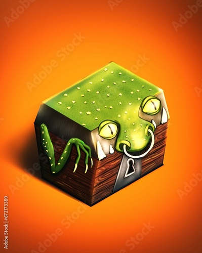 Realistic drawing of an item, object or icon in isometry in the form of a monster chest with fangs and eyes