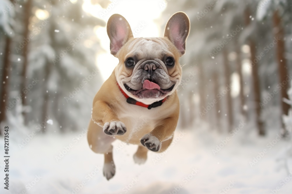 Dog French Bulldog runs through the snow in the forest in winter
