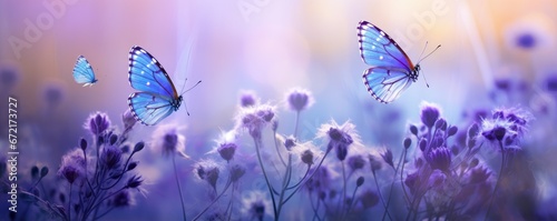 Fluttering blue butterflies on the field with wild pink flowers in sunlight. Floral spring concept for background, banner or greeting card with copy space