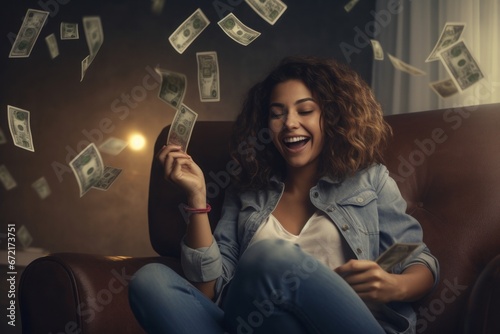 Happy winner american woman with afro hairstyle and big smile holding cash prize money. A girl is sitting in a chair in the living room. photo