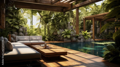 Small private swimming pool at villa in jungle  Green tropical plants around.
