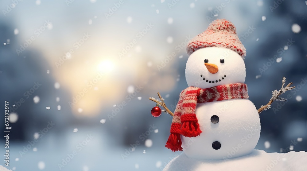 Snowman in winter wonderland: a festive greeting card with copy space