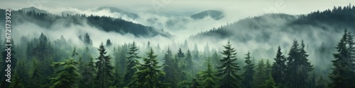 Panoramic view of misty foggy mountain landscape with fir forest, morning fog. Evanescent atmosphere in the woods wrapped in mist. Vintage retro hipster style © ratatosk