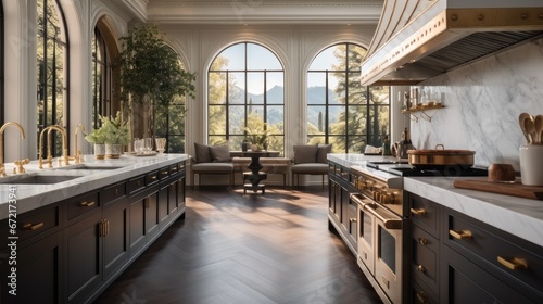 Large luxury kitchen with large window.