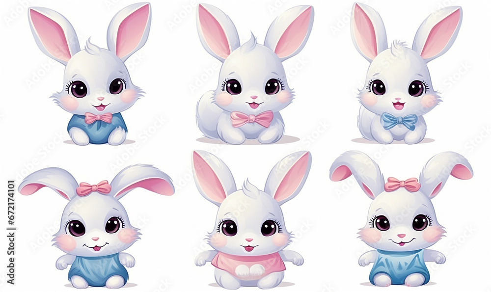 Cute little cartoon rabbits for baby shower and Easter. Set of cartoon Easter bunnies for greeting card or stickers with simple background. Cute little cartoon rabbits for baby shower and Easter. Set of cartoon Easter bunnies for greeting card or stickers with simple background.