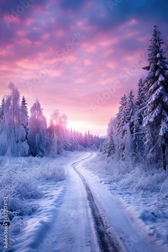 Winter night landscape. Forest  trees and road covered snow. Winterly evening with first stars. Purple landscape with sunset. Happy New Year and Christmas concept