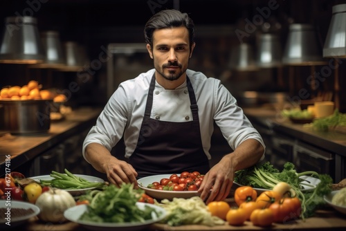 Chef is preparing food in restaurant kitchen, Food culinary industry.