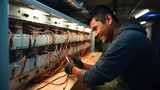 Technician installs wires on circuit board.