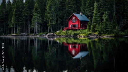 Little red house in the woods near the lake. Lone house in the forest