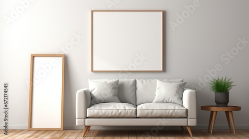 Blank poster frame, white poster frame in minimalist modern style living room.