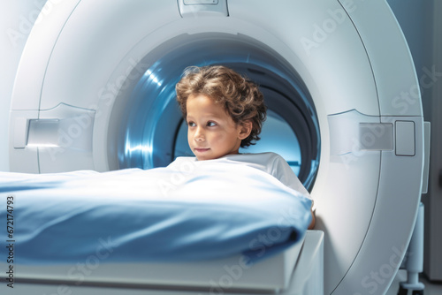 Kid taking magnetic resonance MRI exam at hospital. Generative Ai