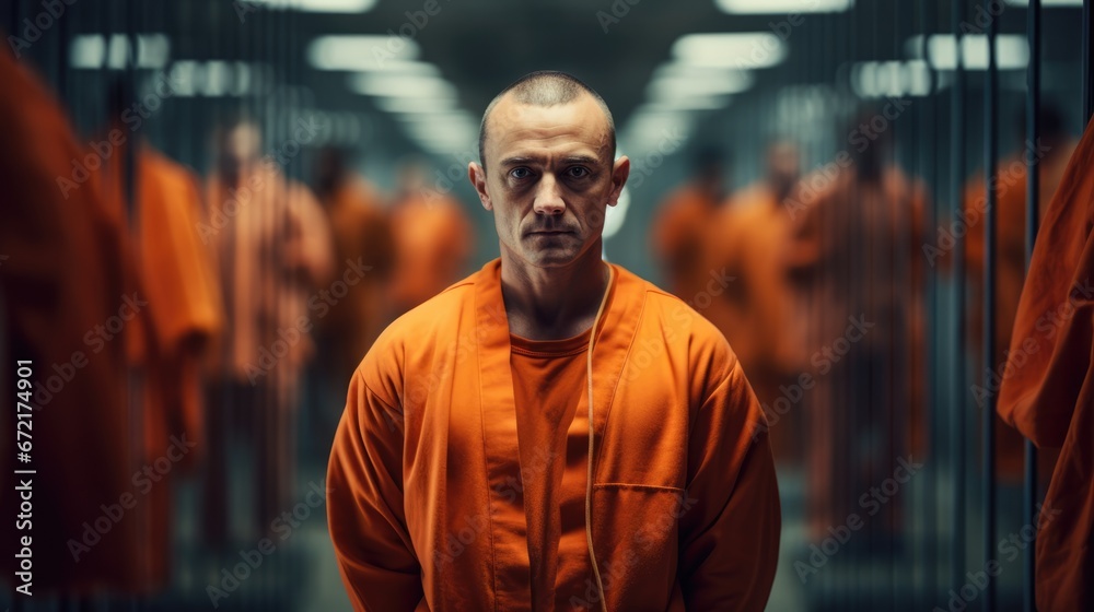 Prisoner in an orange robe. Blurry prison cell in the background - obrazy, fototapety, plakaty 