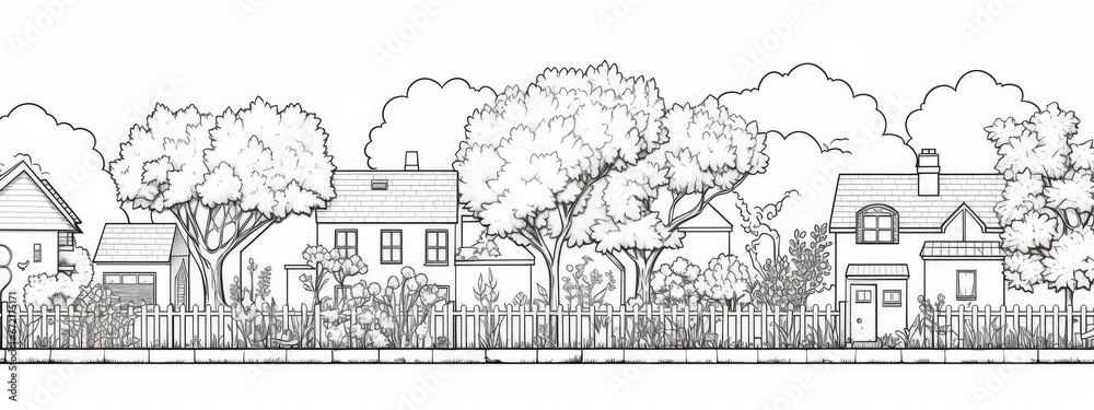 Backyard landscape graphic. Black and white sketch illustration