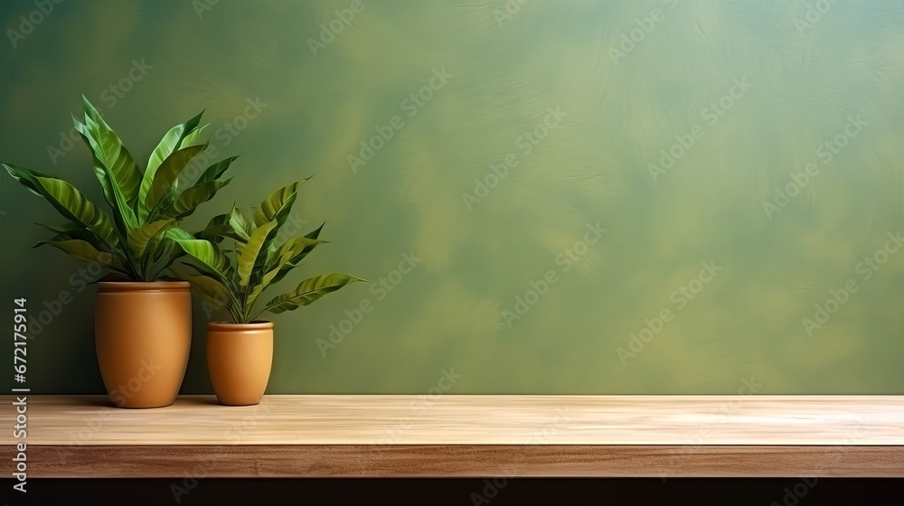 Brown wooden table with potted plants and green wall background.