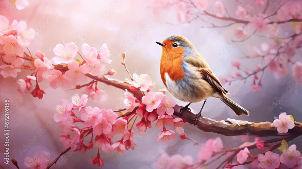 In the spring yard, a vibrant robin perches on a pink apple tree branch and sings.