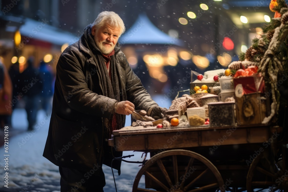 A street vendor in a snowy cityscape, warmly dressed and selling roasted chestnuts from a vintage cart, with Christmas lights twinkling in the background A street vendor in a snowy cityscape, warmly dressed and selling roasted chestnuts from a vintage cart, with Christmas lights twinkling in the background