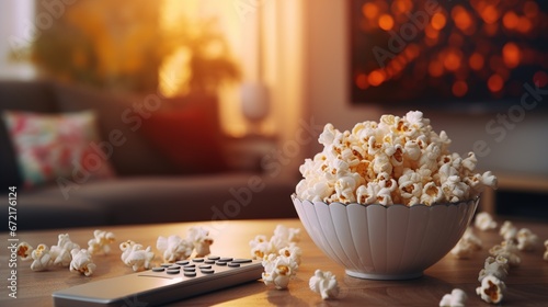 Popcorn in a glass bowl and remote control in front of the TV in a home interior. Watching TV shows and series. Ai generative photo