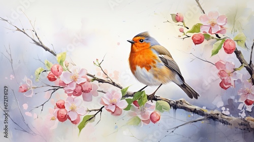 In the spring yard, a vibrant robin perches on a pink apple tree branch and sings. © Suleyman