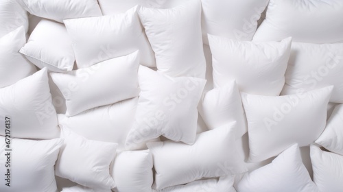Lots of white pillows. Background with chaotically scattered feather pillows. photo