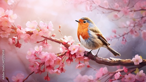 In the spring yard, a vibrant robin perches on a pink apple tree branch and sings. © Suleyman