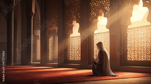 Inside the mosque, a Muslim woman praying