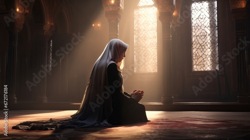 Inside the mosque, a Muslim woman praying