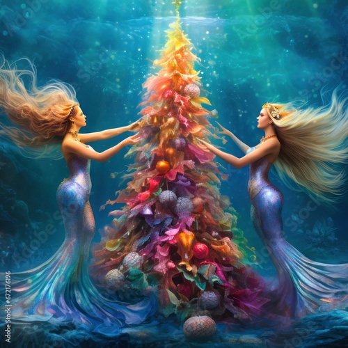 Mermaids decorating a luminous Christmas tree underwater.Generative AI
