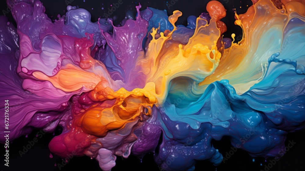 Obraz premium Vivid paint splash in blue, orange, yellow, purple, and aqua hues.Generative AI