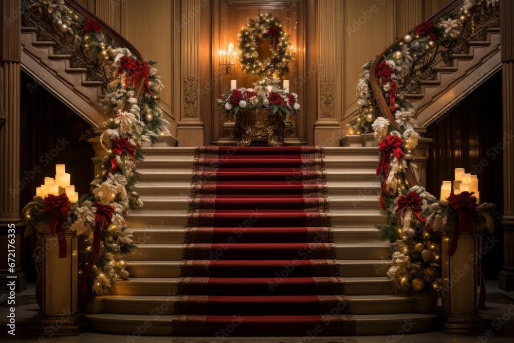 A beautifully ornamented staircase adorned with festive Christmas stockings and elegant ribbons, creating a warm holiday atmosphere