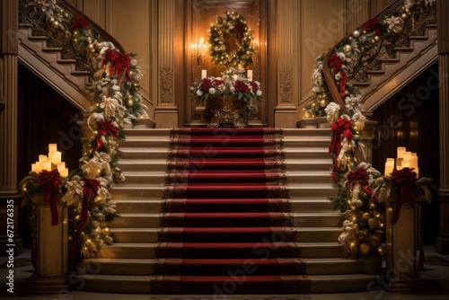 A beautifully ornamented staircase adorned with festive Christmas stockings and elegant ribbons, creating a warm holiday atmosphere