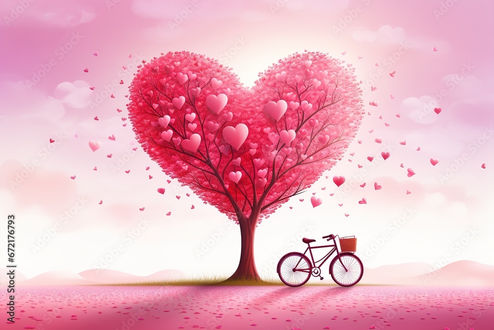 Valentines day theme of bicycle and heart shaped tree. Ai generative