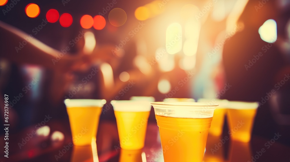 Plastic cups with beer. Blurred background with a party. House party - obrazy, fototapety, plakaty 